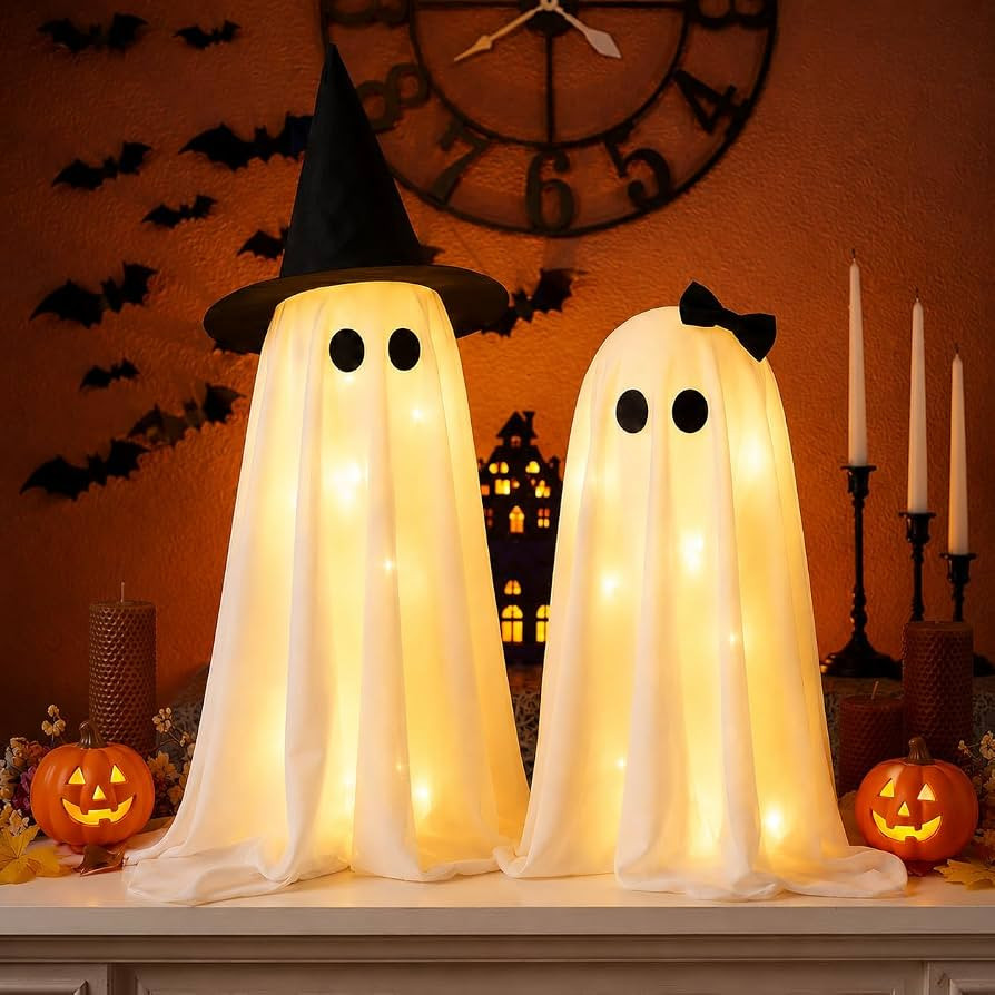LED Light Up Halloween Ghost Decorations, Set of 2 Soft Polyester Ghost Tabletop Decor with Warm ... | Amazon (US)