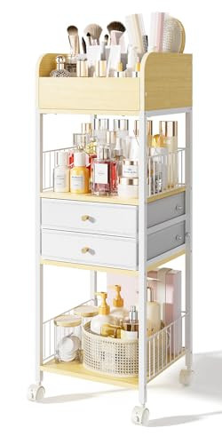 TidyStash Makeup Organizer Cart with Drawers, Rolling Bathroom Organizers and Storage- Versatile Skincare & Perfume Storage Vanity Organizer, Natural Wood & White Iron | Amazon (US)