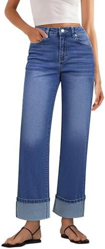 GRAPENT Wide Leg Jeans for Women Trendy High Waisted Cuffed Hem Stretchy Denim Trousers Pants Wor... | Amazon (US)