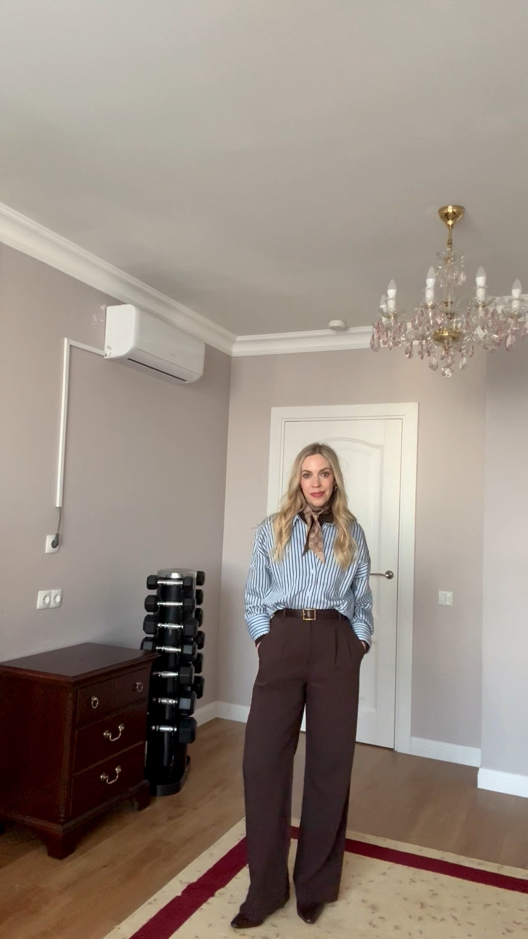 @Zara striped shirt, workwear outfit, office style, Gucci silk scarf, @abercrombie brown trousers, brown and blue outfit 

#LTKOver40 #LTKootd #LTKWorkwear