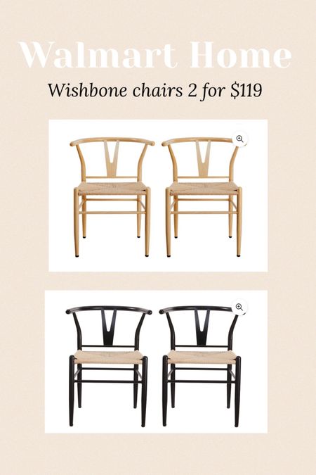 Walmart wishbone chairs just $119 for a set of two. Choose from natural or black/natural. So gorgeous, reminds me of Studio McGee 🤤 #walmarthome dining chairs look for less lookalike dupe 

#LTKunder100 #LTKhome