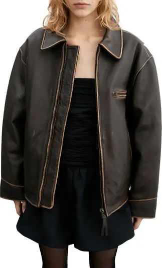 MANGO Oversize Distressed Leather Jacket | Nordstrom | Nordstrom