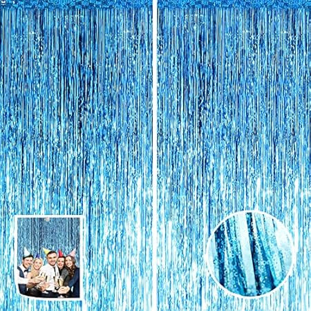 CapriValley 4 Packs 3.2ft x 6.6ft Blue Fringe Curtains Foil Curtains Foil Backdrops Party Backdrops  | Amazon (US)
