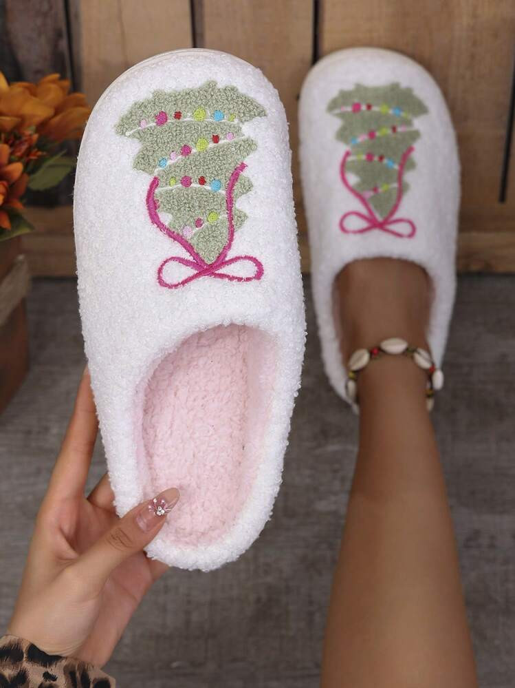Women's Christmas Tree Embroidery Design Slippers With Bowknot, Warm & Soft Flat Indoor House Bed... | SHEIN