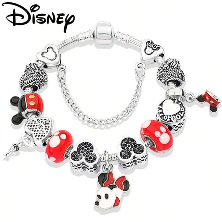 Disney 1 Pc Red Crystal Animal Bead Bracelet Silver Plated Heart Key Mickey Mouse Minnie Pendant Cartoon Jewelry For Gift | SHEIN