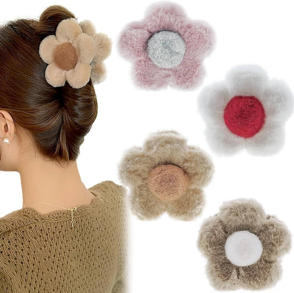Aswewamt 4 Pcs Floral Hair Claw Clip, Fuzzy Fluffy Plush Large Hair Clips, Strong Hold Hair Clips... | Amazon (US)