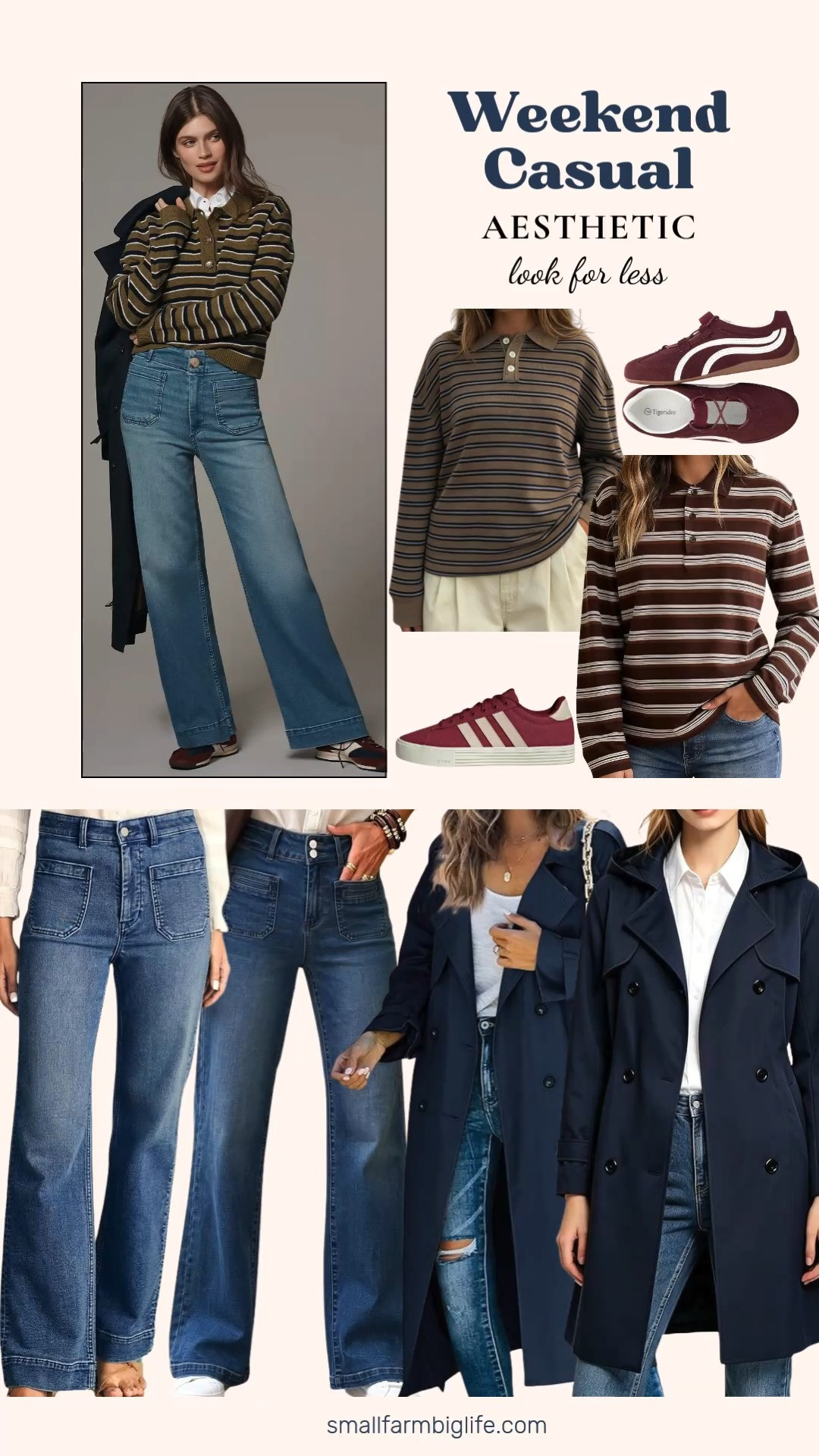 This weekend casual aesthetic is all about wide leg denim, rugby stripes, and a great trench coat, and there's a way to get the look at any price point. The Anthropologie Maeve Colette wide leg jeans are a beautiful splurge, but the Amazon Sidefeel and Astylish wide leg high waisted jeans bring that same full length, stretchy fit for a fraction of the cost.

For the rugby shirt look, the Anthropologie Remie long sleeve shirt in damson madder is gorgeous, and the Amazon khaki and black striped collared polo sweater or the brown and beige Flygo striped rugby polo both give you that same preppy, vintage inspired feel.

Outerwear is easy to save on too. The Anthropologie Avec Les Filles navy trench coat is a classic investment piece, while the Amazon navy double breasted trench coats, one windproof and one waterproof with a removable hood, both bring the same belted, classic lapel silhouette.

Finish the look with the adidas Daily 4.0 sneaker in collegiate burgundy for a classic sporty finish, or the burgundy suede Mary Jane sneakers for a slightly more retro, feminine twist.

#lookforless #anthropologie #falloutfits #weekendcasual #amazonfinds 

 #LTKgrwm #LTKootd #LTKOver40