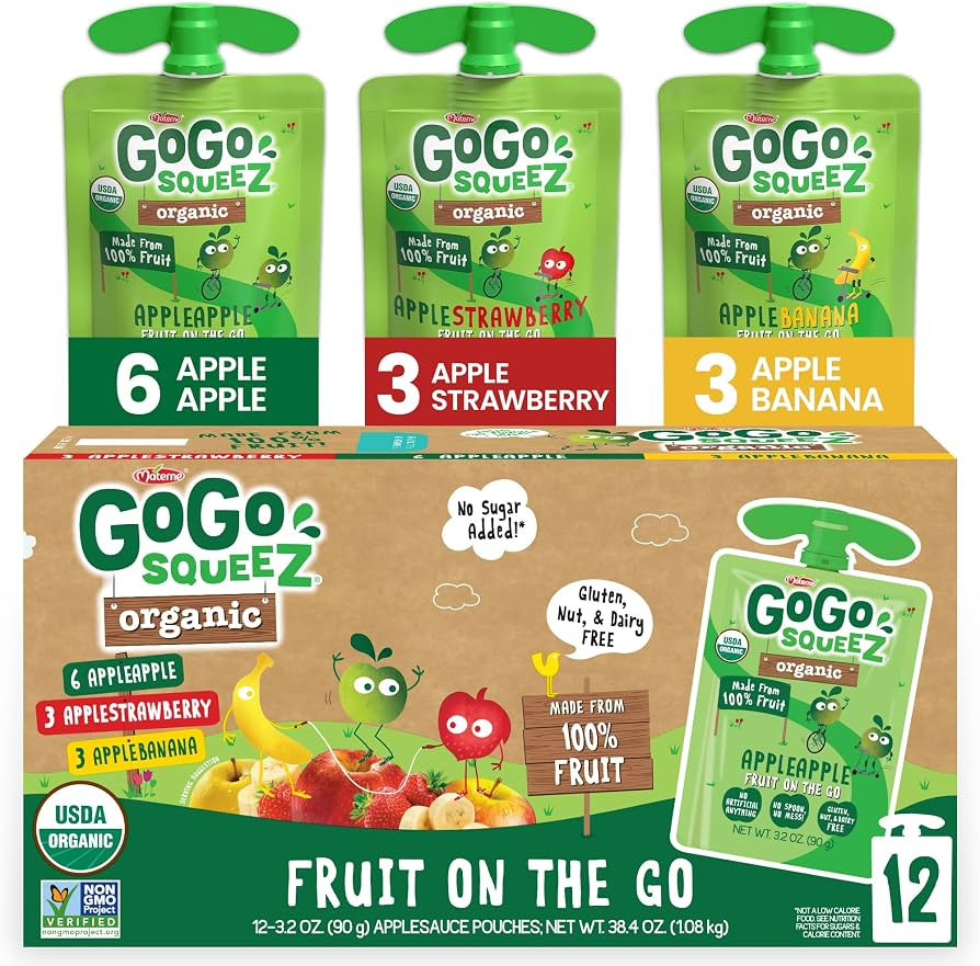 GoGo squeeZ Fruit on the Go Organic Variety Pack, Apple, Strawberry & Banana, 3.2 oz (Pack of 12)... | Amazon (US)
