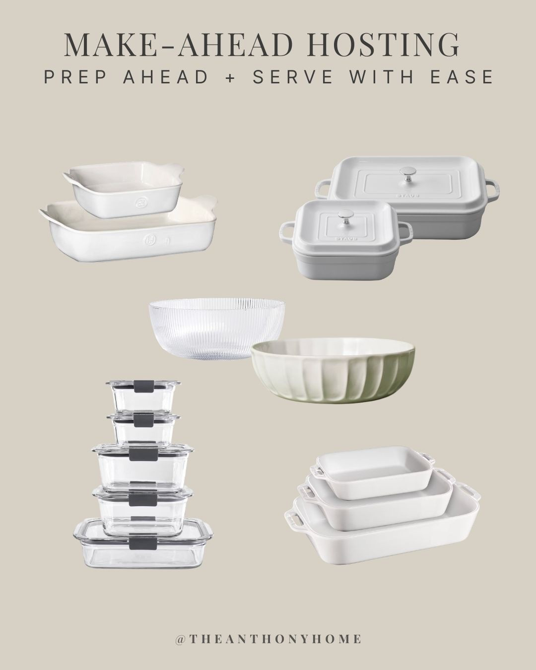 These are the pieces I reach for when I want to do the cooking early and make serving later as easy as possible.

For casseroles and baked sides, I prep directly in an oven-safe serving dish, cover, refrigerate, then move it straight to the oven when it’s time to warm.

For salads, I make what I call a little salad kit: washed lettuce goes into the serving bowl, and all the toppings go into small storage containers so everything is ready to grab, toss and serve.

Those same small containers are also great for garnishes, chopped vegetables, cheese, bacon, herbs and anything else I want prepped but kept separate until the last minute.

The goal is fewer transfers, fewer dishes and less actual cooking once people are there.

I linked my favorite make-ahead hosting pieces here.

#LTKHome #LTKfoodie