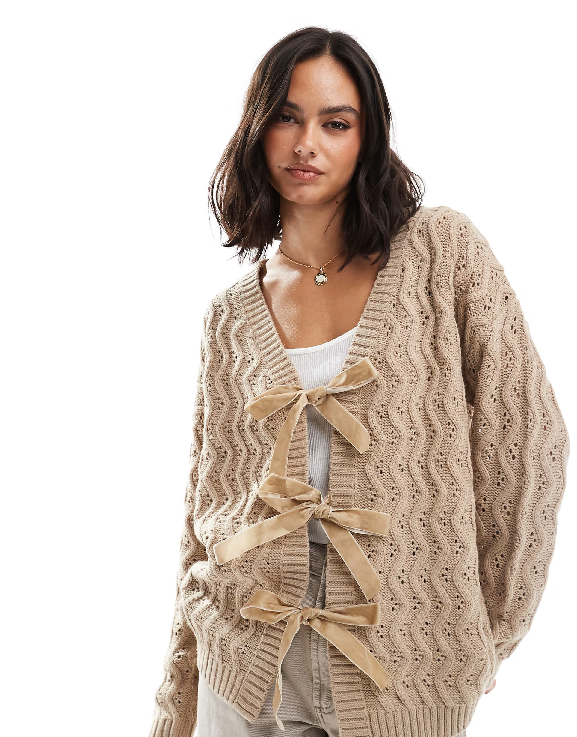 Miss Selfridge cable longerline cardigan with velvet bow detail in camel | ASOS | ASOS (Global)
