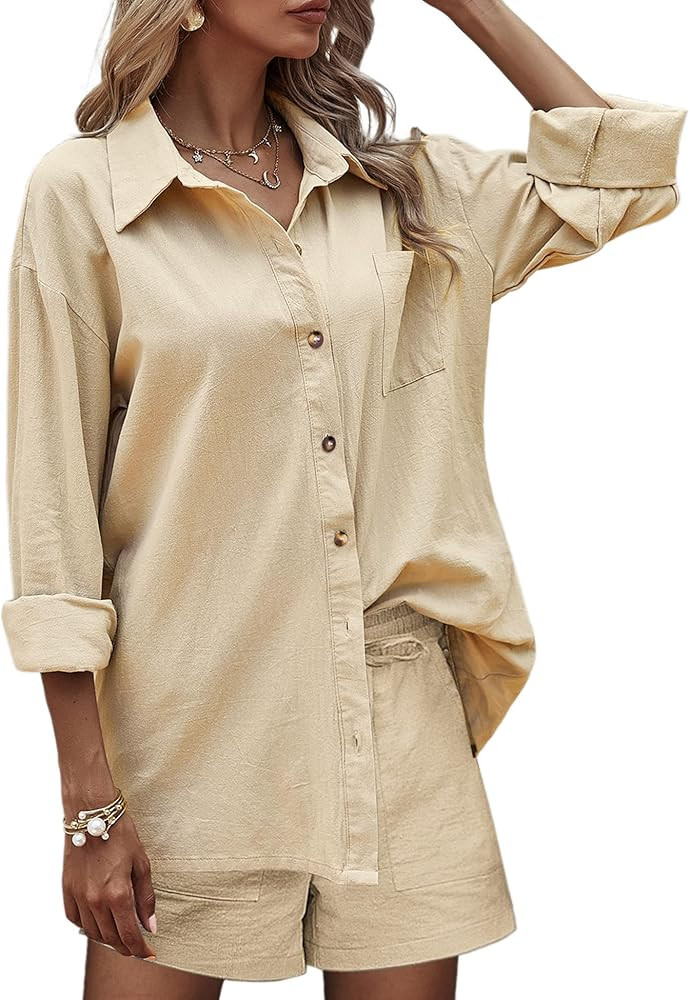 Zeagoo Women Two Piece Outfits Lounge Sets Cotton Long Sleeve Shirts and High Waisted Mini Shorts... | Amazon (US)