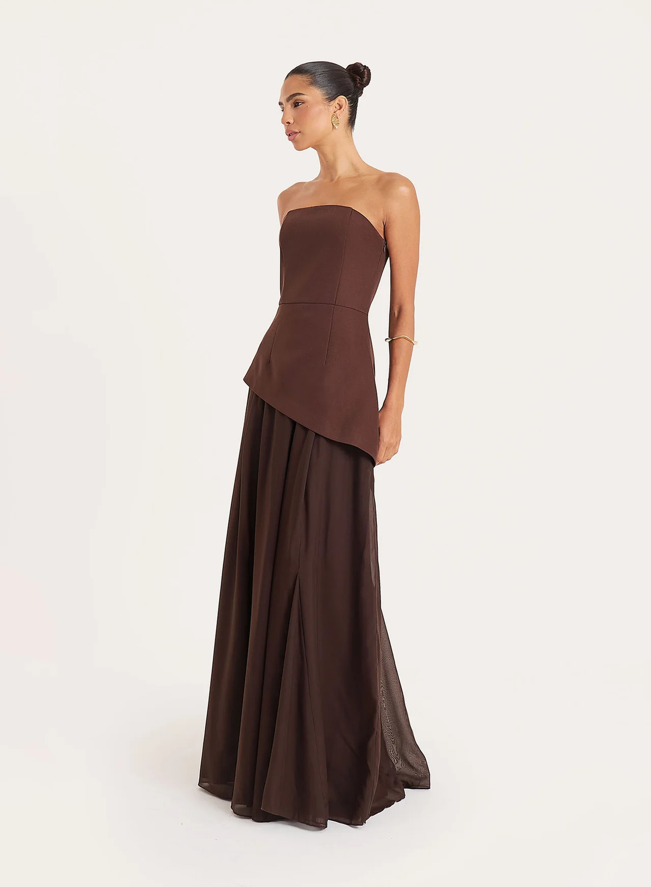 Women's Chocolate Bandeau Asymmetric Detail Maxi Dress | Kathryn | 4th & Reckless | 4th & Reckless