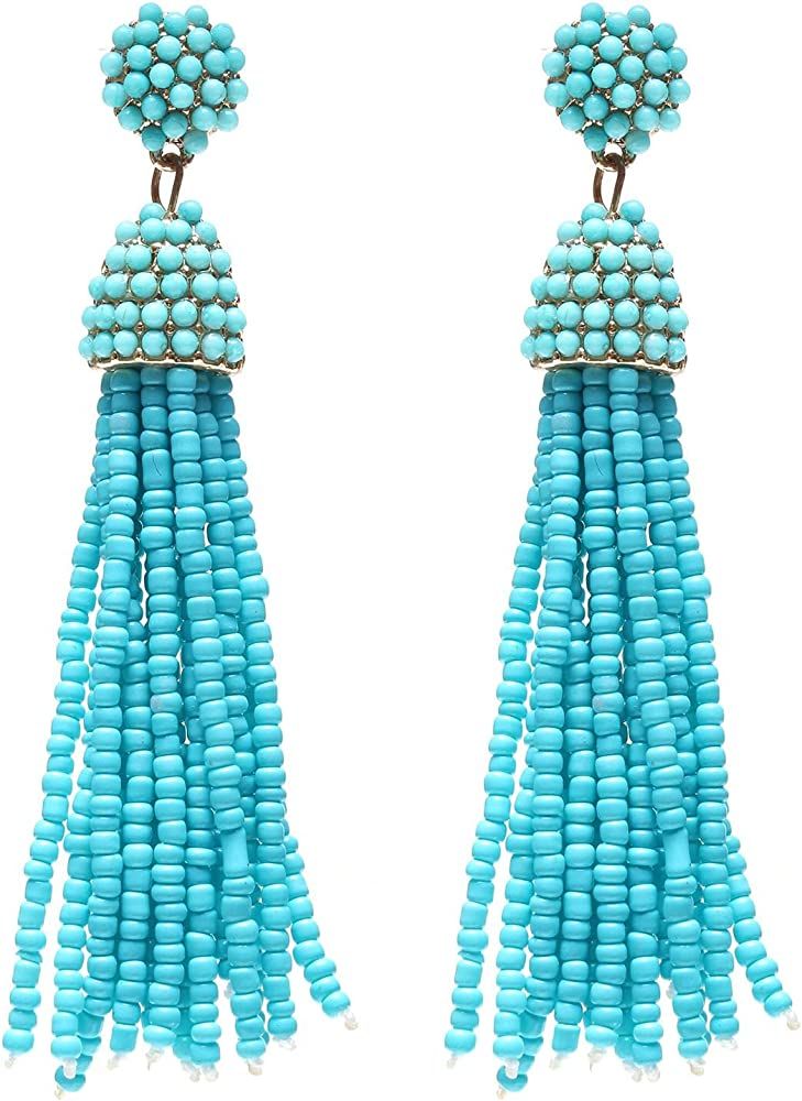 Women's Beaded tassel earrings Long Fringe Drop Earrings Dangle 6 Colors | Amazon (US)