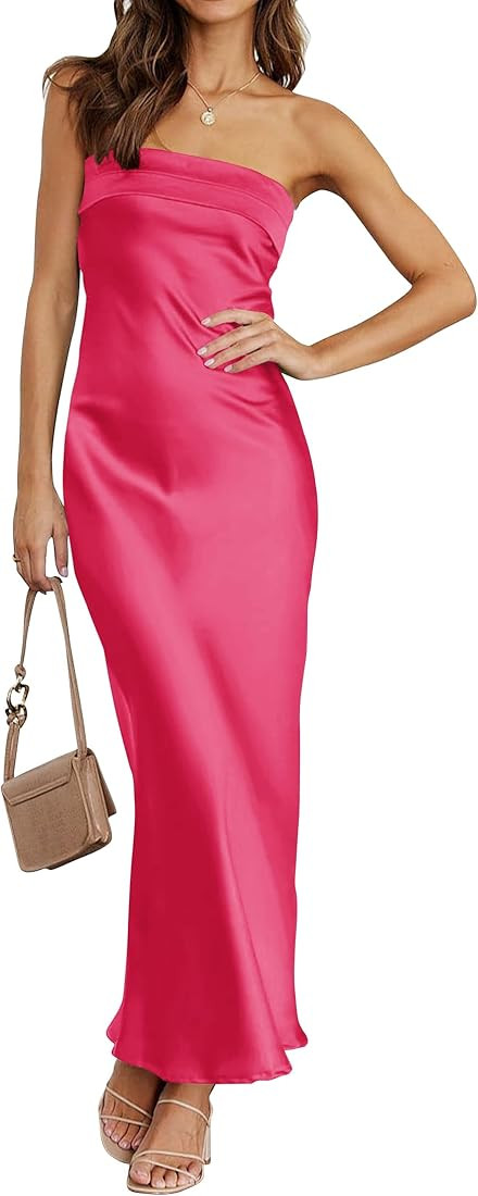 MEROKEETY Women 2023 Summer Strapless Satin Tube Bodycon Backless Wedding Guest Maxi Dress | Amazon (US)