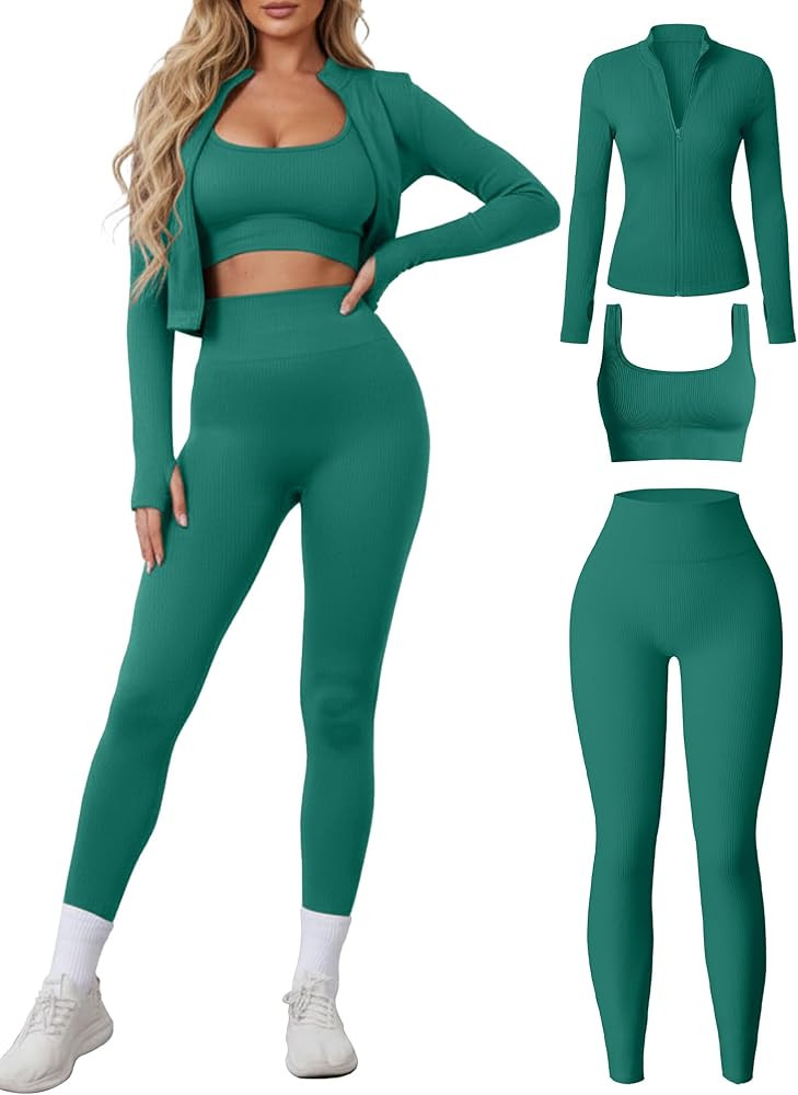 Women 3 Piece Seamless Workout Set Sports Bra High Waisted Gym Yoga Leggings Zip Up Jacket with T... | Amazon (US)