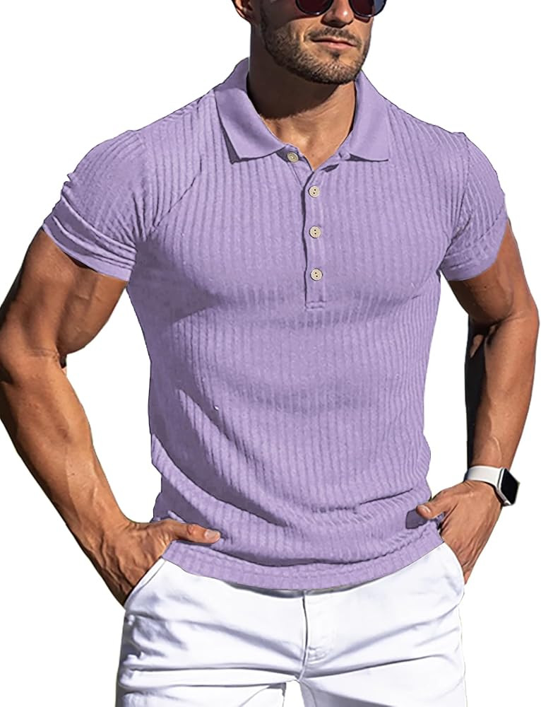 URRU Men's Muscle T Shirts Stretch Short Sleeve Workout Tee Casual Slim Fit Polo Shirt | Amazon (US)