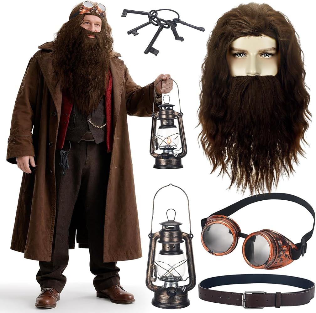 5 Pcs Wizard Party Costume Halloween Cosplay Wizard Brown Wig and Beard Retro Steampunk Goggles G... | Amazon (US)