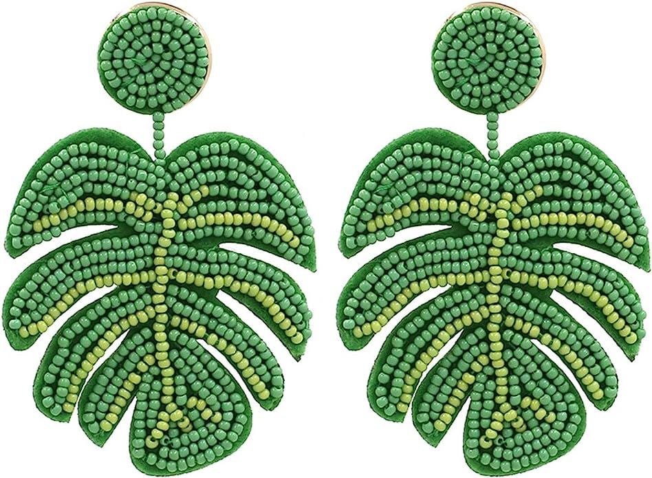 Bohemia Palm Leaf Earrings Handmade Seed Beads Dangle Earring Metal Gold Color Hollow Plant Leave... | Amazon (US)
