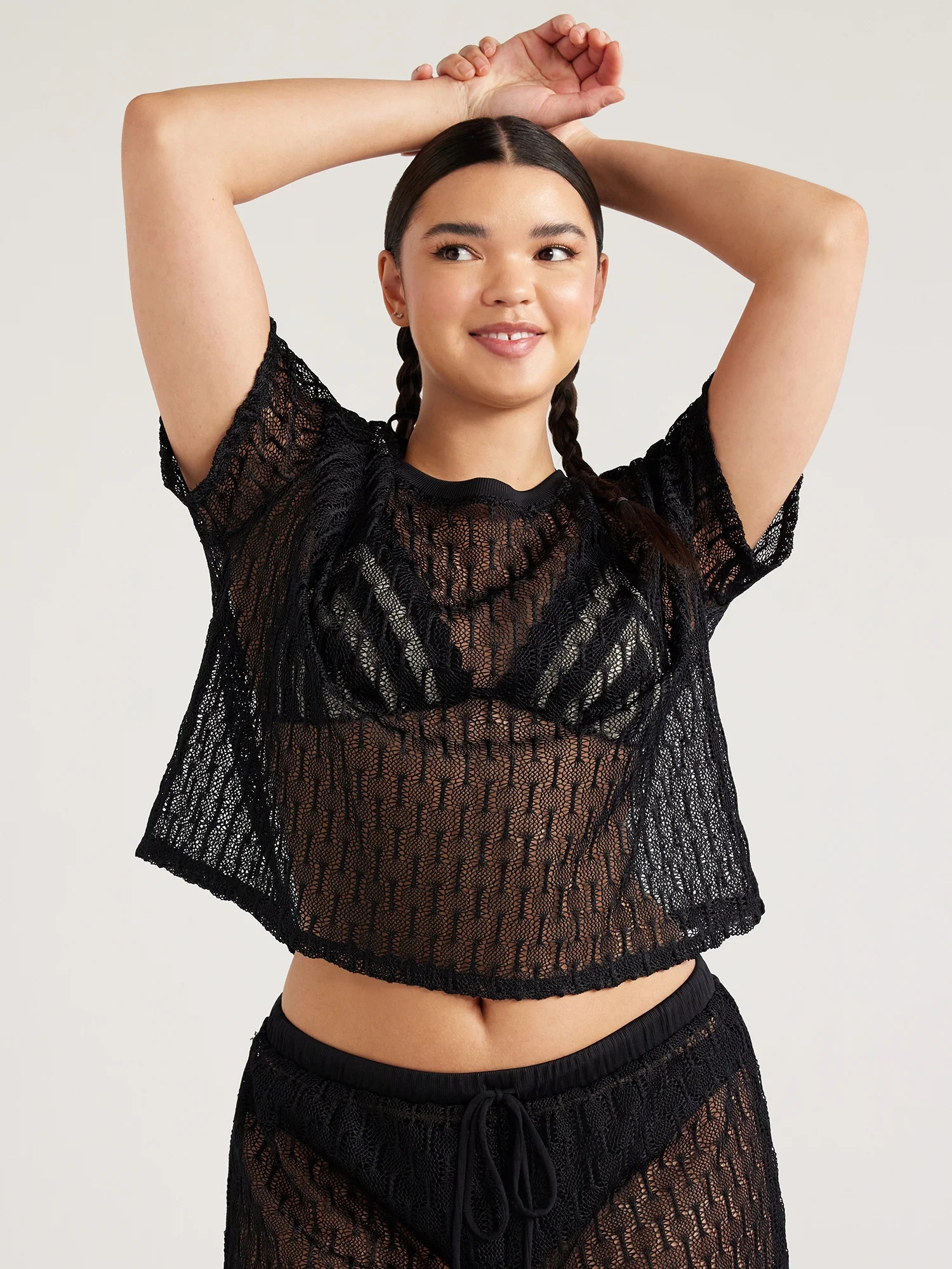 No Boundaries Juniors’ Crochet Coverup Tee with Short Sleeves, Sizes XS-XXL | Walmart (US)