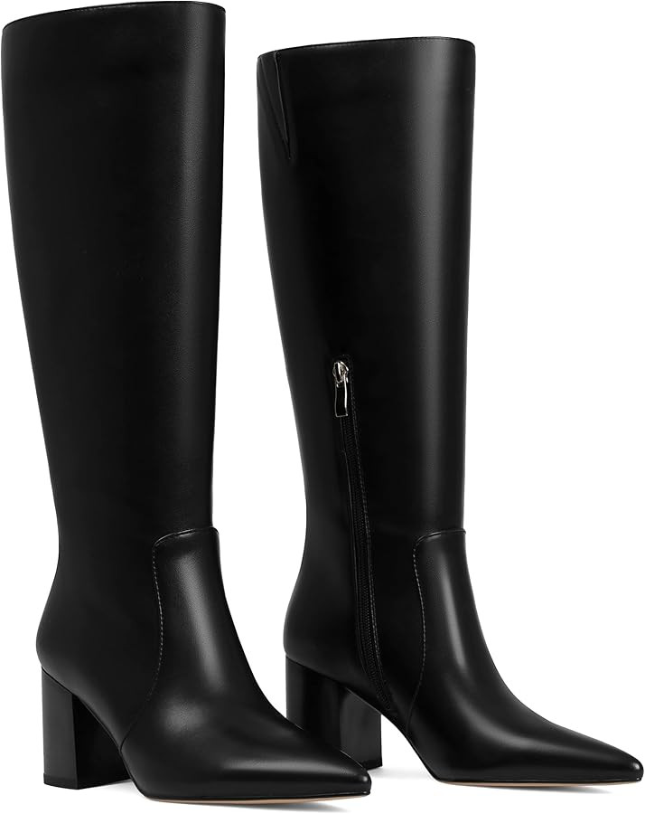 CELNEPHO Knee High Boots Women Chunky Block High Heel Tall Boots Pointed Toe Side Zipper Leather ... | Amazon (US)