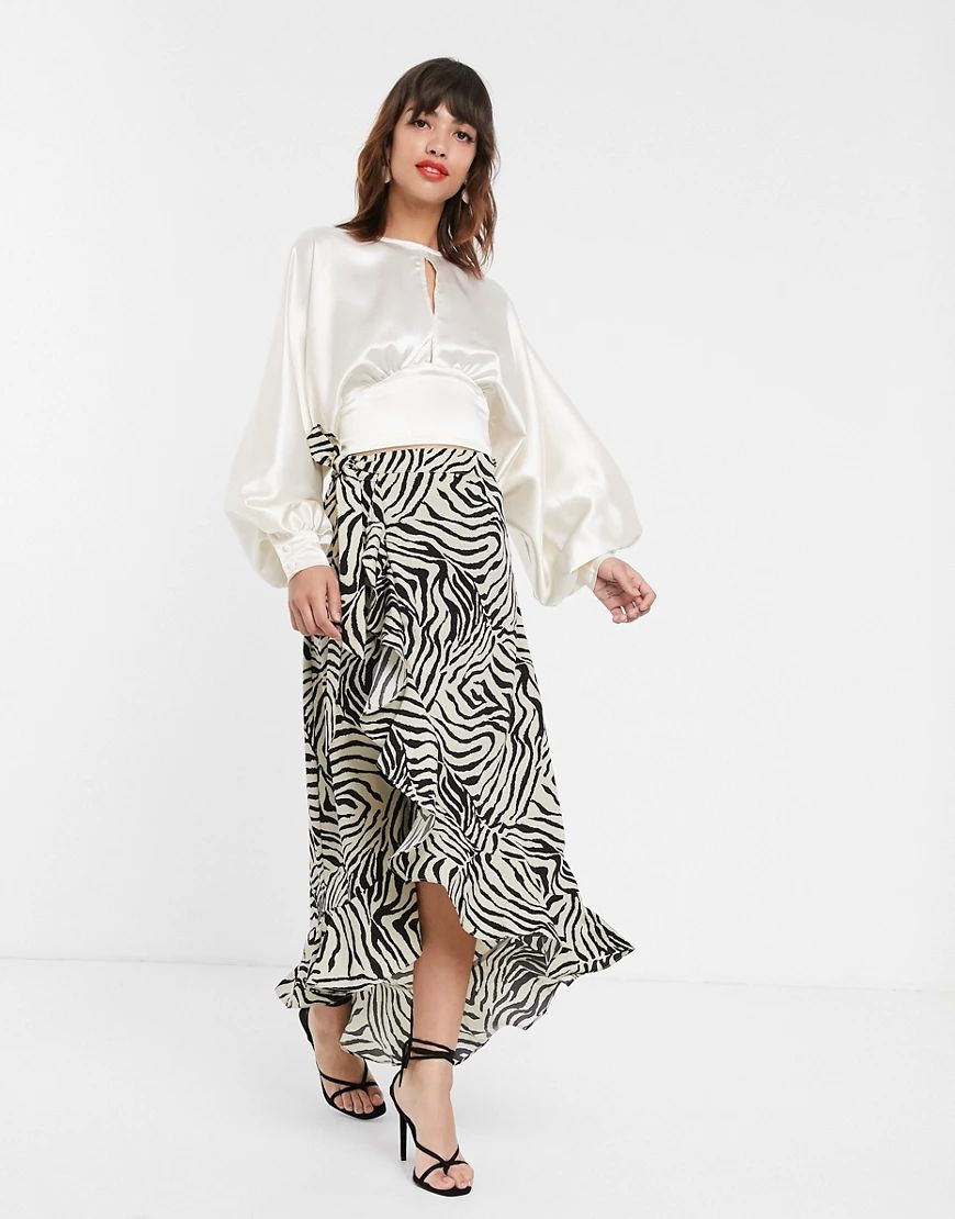 Pretty Lavish wrap midaxi skirt with ruffle hem in zebra-Brown | ASOS (Global)