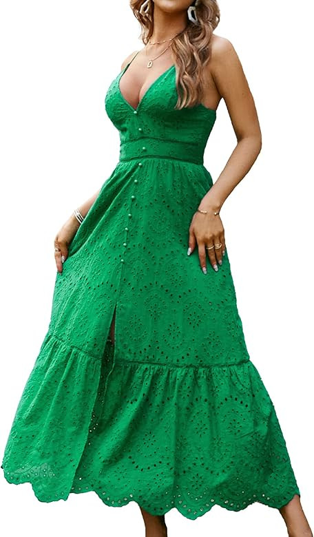 BerryGo Women's Embroidery Pearl Button Down Dress V Neck Spaghetti Strap Maxi Dress | Amazon (US)