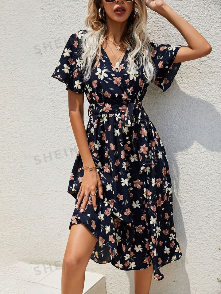 SHEIN Clasi Flutter Sleeve Belted Dress | SHEIN