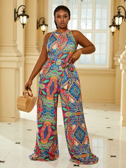 Plus Allover Print Belted Keyhole Back Jumpsuit
   SKU: sf2205030422422919      
          (67 Re... | SHEIN