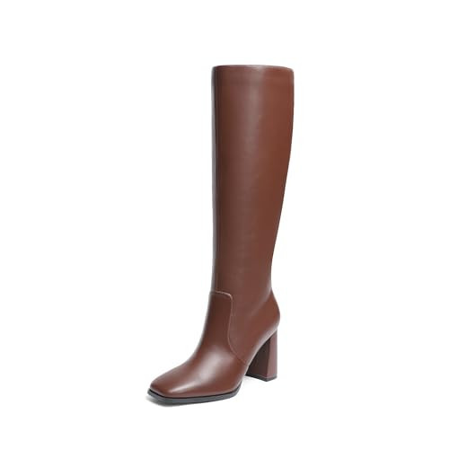 DREAM PAIRS Knee High Boots for Women Square Toe Gogo Chunky Heel with Side Zip,Size 9.5,Brown,SDKB2407W | Amazon (US)