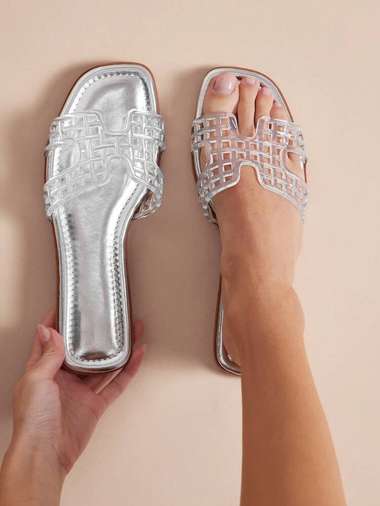 Solezae #QuietLuxury Women's Square Toe Clear Jelly Slide Sandals With Metallic Silver Insole \u2... | SHEIN