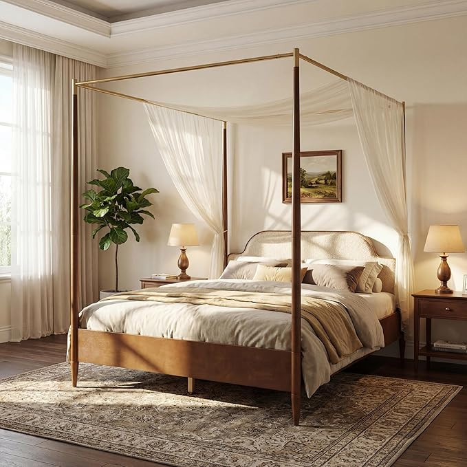 Merax Queen Size Fleece Fabric Upholstered Canopy Bed Frame, Vintage Four Poster Platform Bed wit... | Amazon (US)