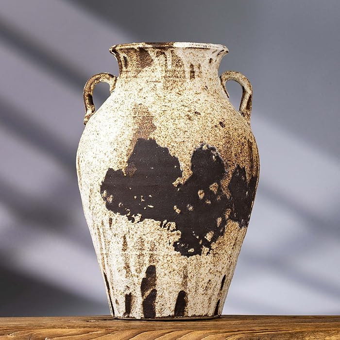Pottery Vase - Vintage Rustic vase, 10" White Farmhouse Weathered Terracotta Vases, Handmade Clay... | Amazon (US)