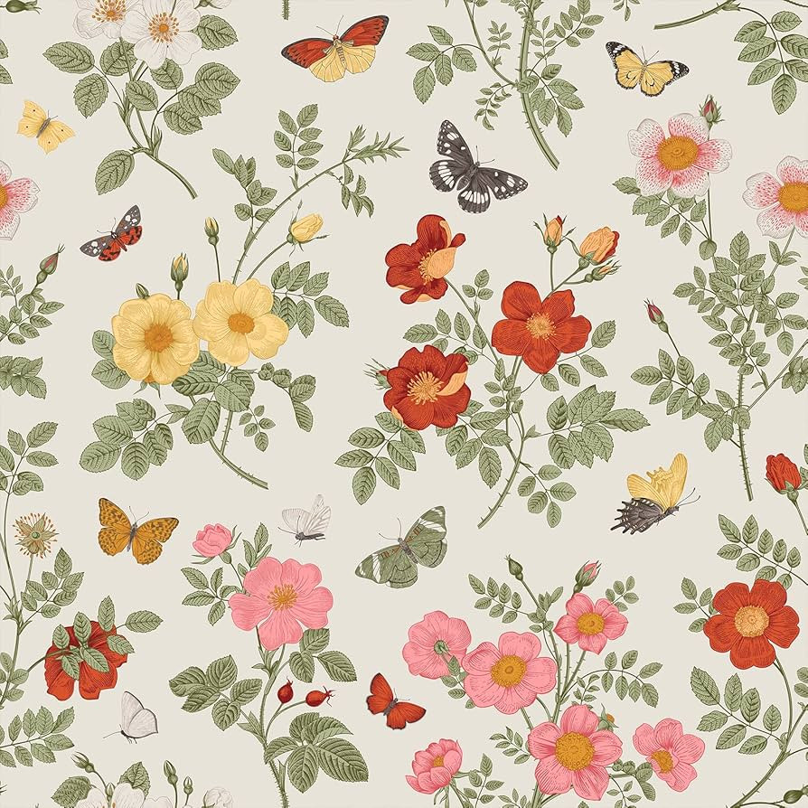 VEELIKE Butterflies Floral Wallpaper Vintage Multicolor Floral Branches Peel and Stick Wallpaper ... | Amazon (US)