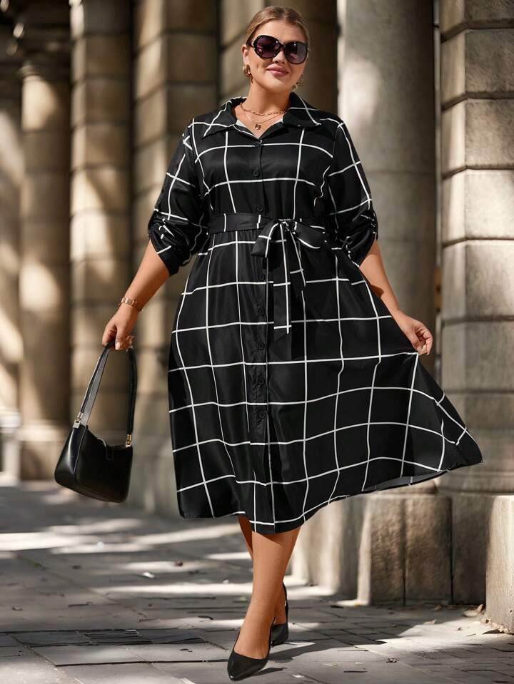 SHEIN Clasi Plus Size Black & White Plaid Button Down Shirt Dress With Self-Tie Waist Belt, A-Lin... | SHEIN