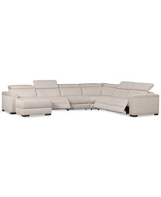 Nevio 6-Pc. Fabric Sectional Sofa with Chaise, 3 Power Recliners and Articulating Headrests, Crea... | Macys (US)