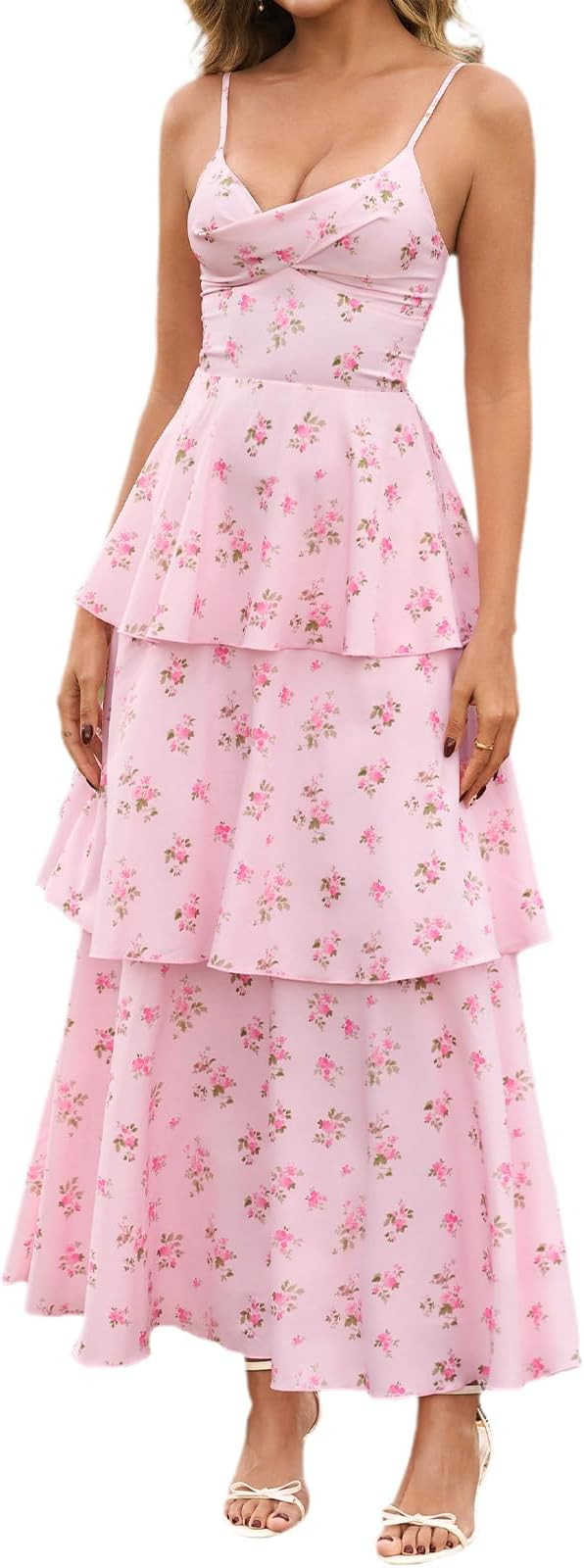 XinFSh Women's Summer Floral Wedding Guest Maxi Dress Flowy Tiered Ruffle Backless Long Garden Pa... | Amazon (US)