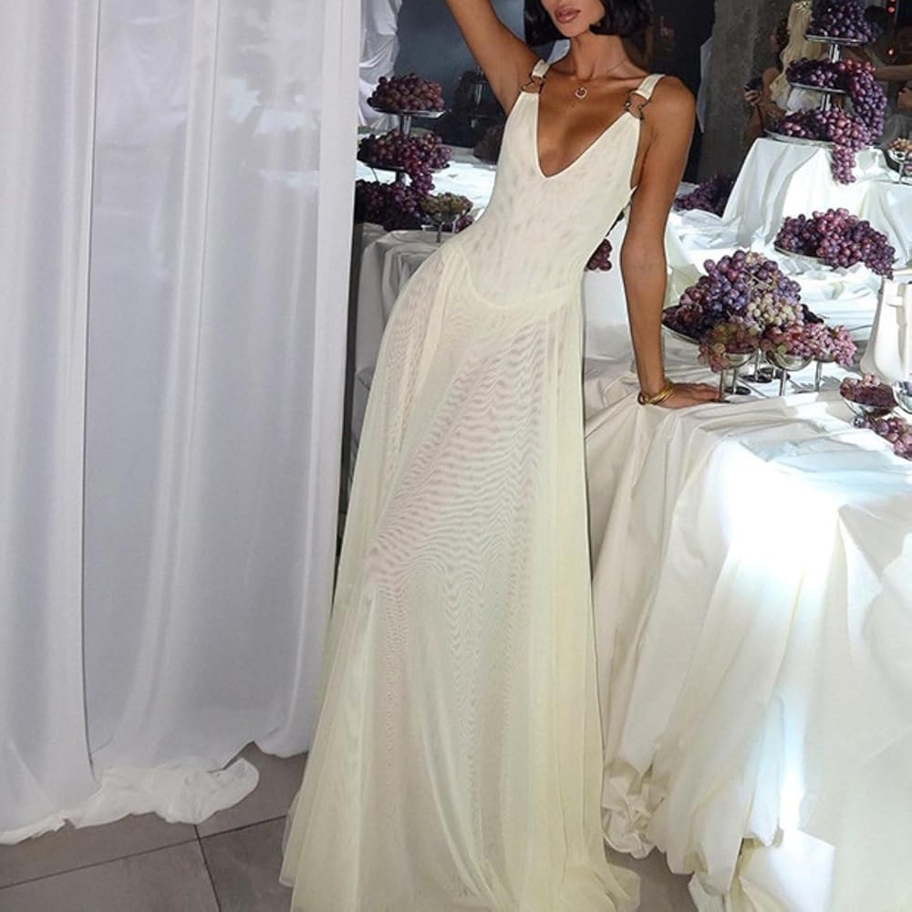 Mesh Ruched V-Neck Maxi Dress for Women Backless Stretch Summer Wedding Prom Dresses | Amazon (US)