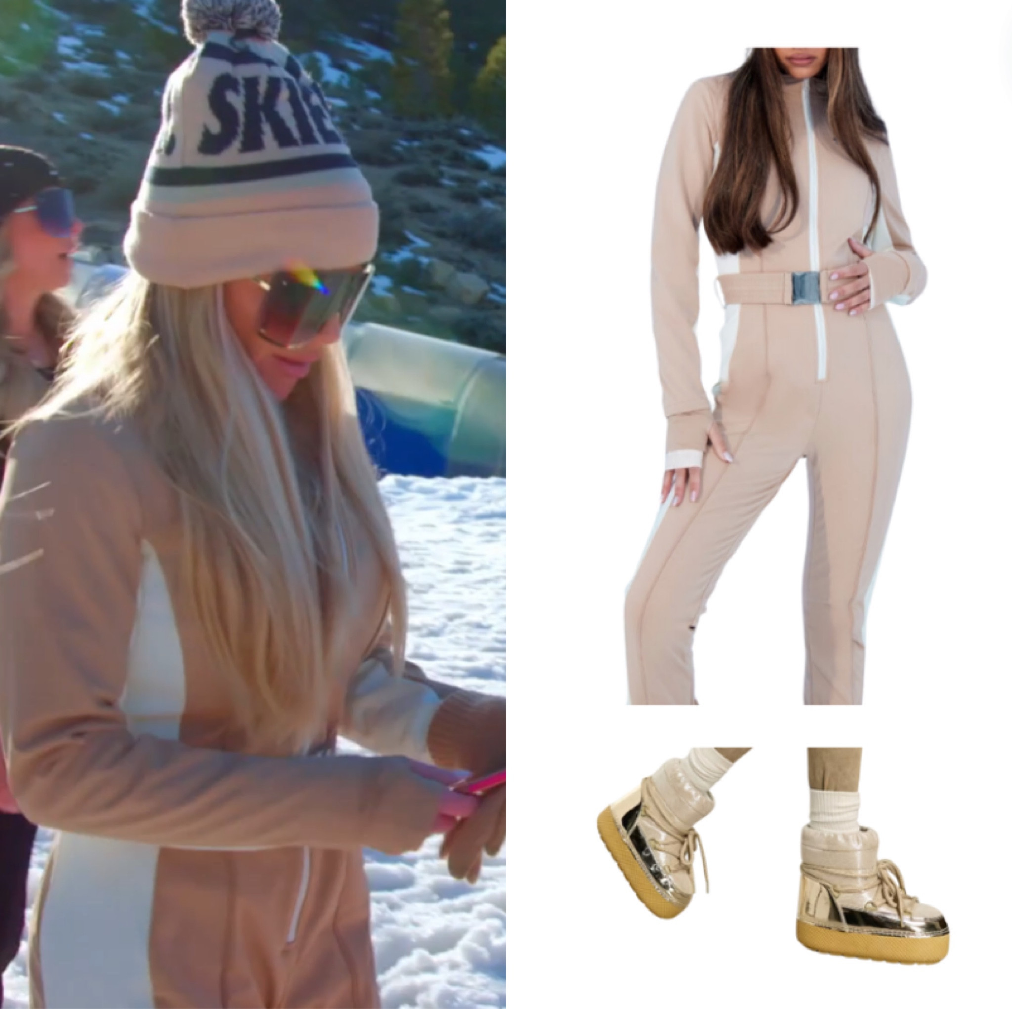 Jennifer Pedranti’s Tan and White Ski Suit and Boots