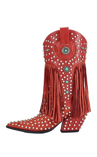 sexytag Fringe Cowgirl Boots Rhinestone Embellishments Cowboy Boots for Women Mid Calf Turquoise Flower Studded Western Booties Pull On Pointed Toe Chunky Heels Wide Calf Bootie Red Size 8 | Amazon (US)