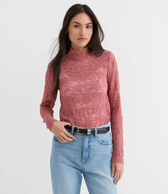 Lace Long Sleeve Turtleneck Top | LOFT