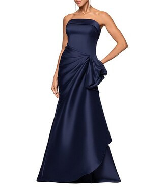 Strapless Ruched Waist Ruffle Front Stretch Mikado A-Line Gown | Dillard's