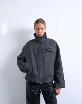 Topshop wool blend bomber jacket with tab detail in charcoal | ASOS | ASOS (Global)
