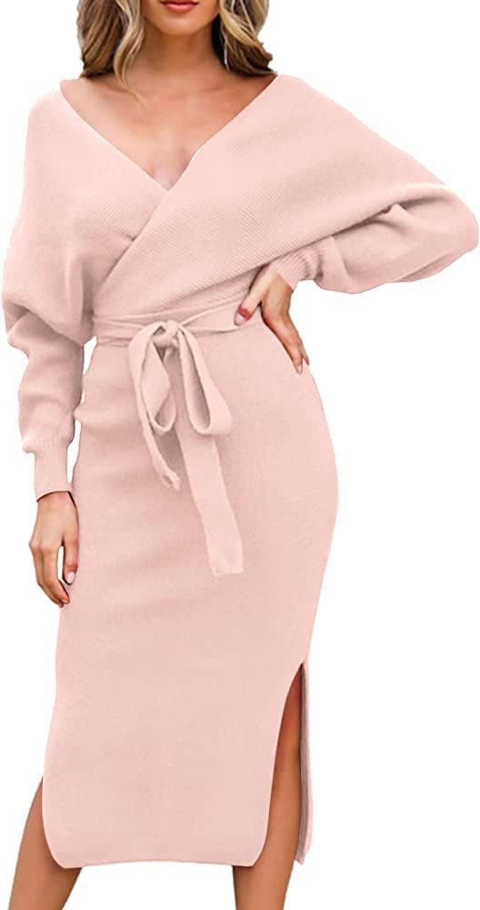 Viottiset Women's V Neck Long Batwing Sleeve Wrap Midi Knit Sweater Dress Elegant Backless with B... | Amazon (US)