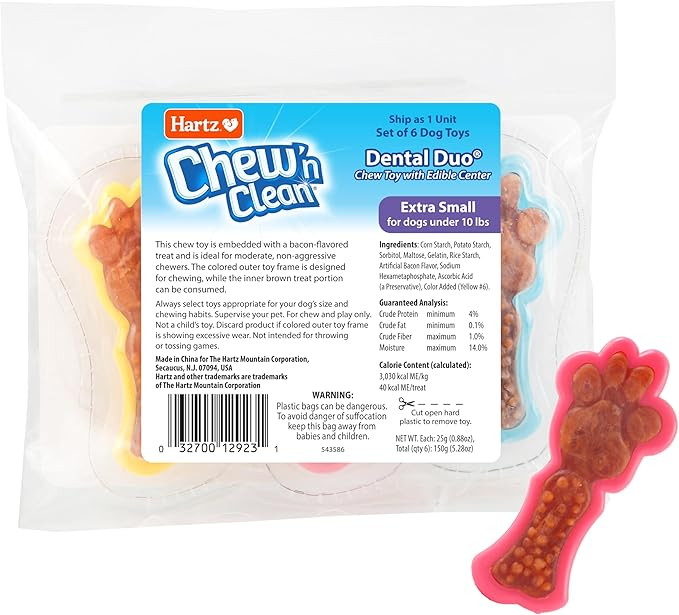 Hartz Chew 'n Clean Dental Duo Dog Treat & Chew Toy, Color Varies, Extra Small, 6 Count | Amazon (US)