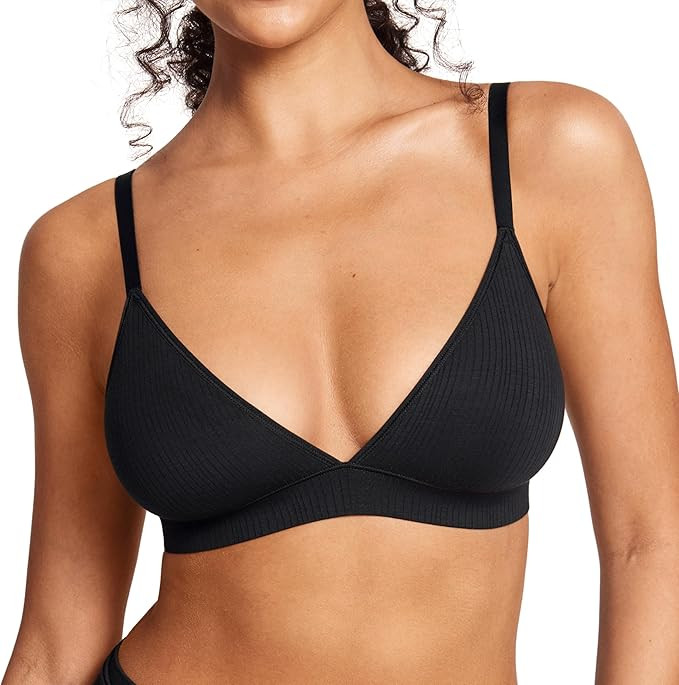 Women's Natrelax Triangle Bralette No Underwire Plunge Unlined Ribbed Soft Wireless Bra V Neck Se... | Amazon (US)