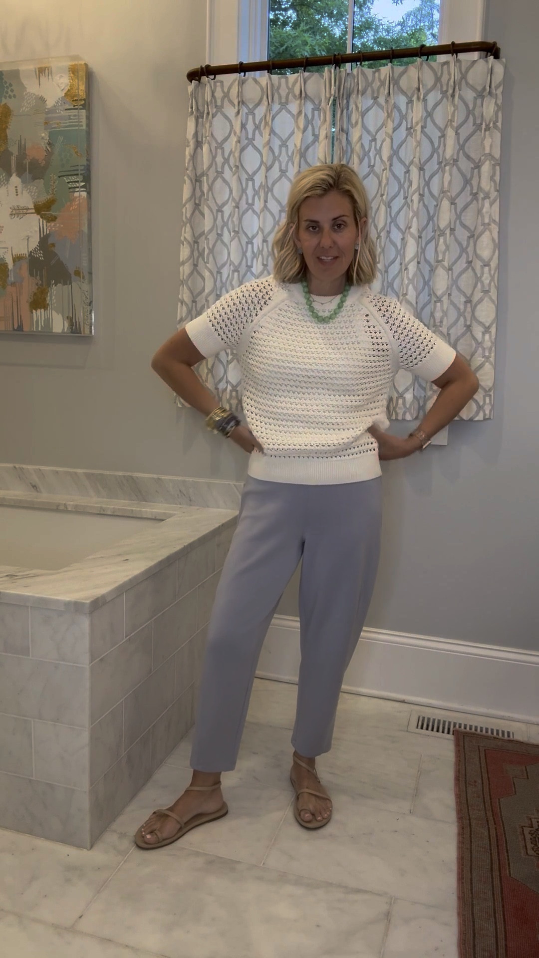 Styling these barrel pants with my favorite tank and sweater for a comfy yet classic look! ￼
Sweater - xs
Tank - medium petite
Pants - small petite 
Sandal - 8 tts 

#LTKdayinmylife #LTKootd #LTKSaleAlert