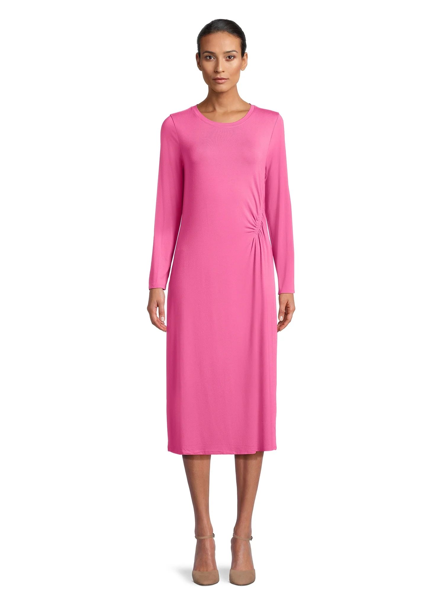 Time and Tru Women’s Long Sleeve Ruched Midi Dress | Walmart (US)