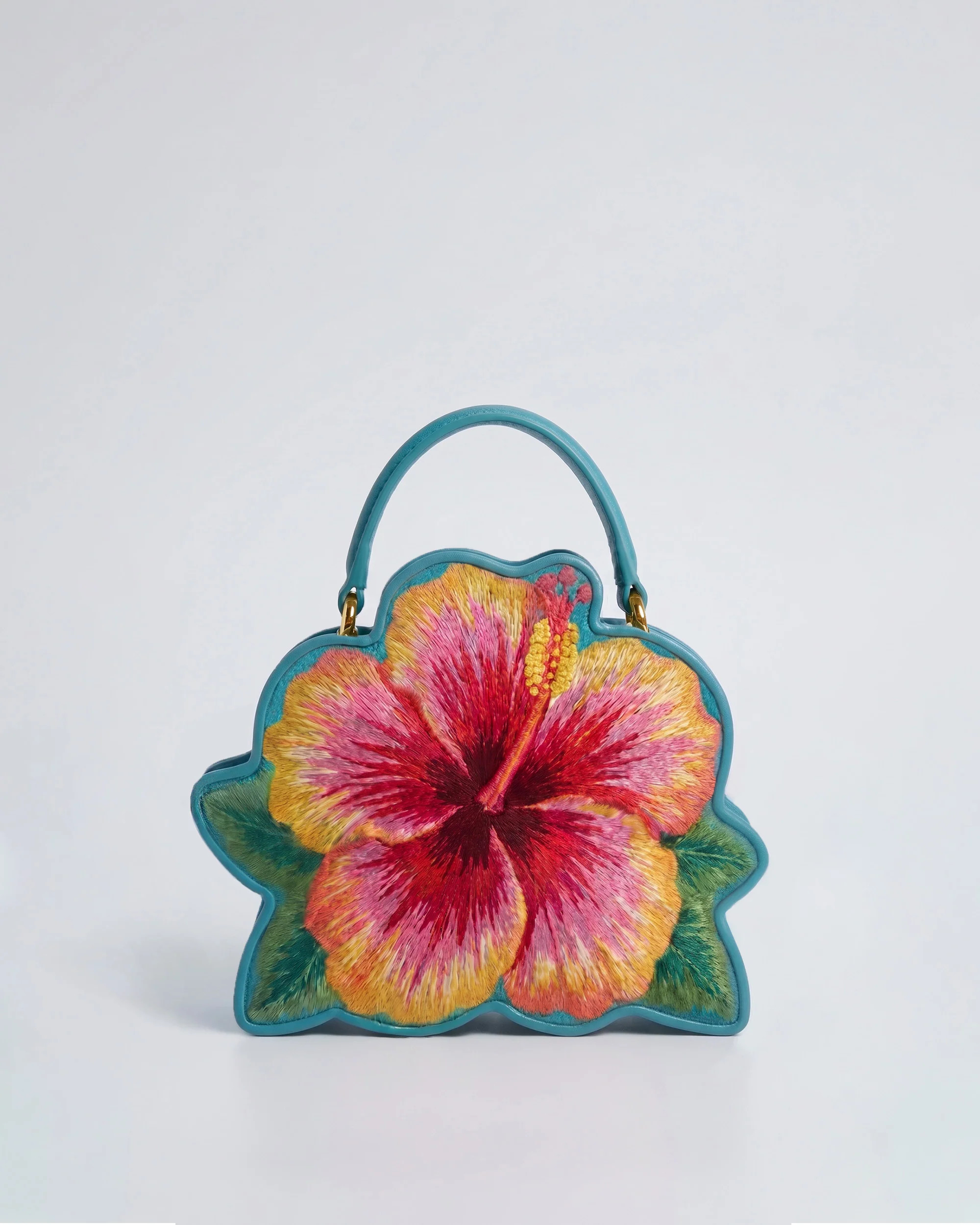 Hibiscus Embroidered Top Handle Bag - Turquoise | JW PEI US