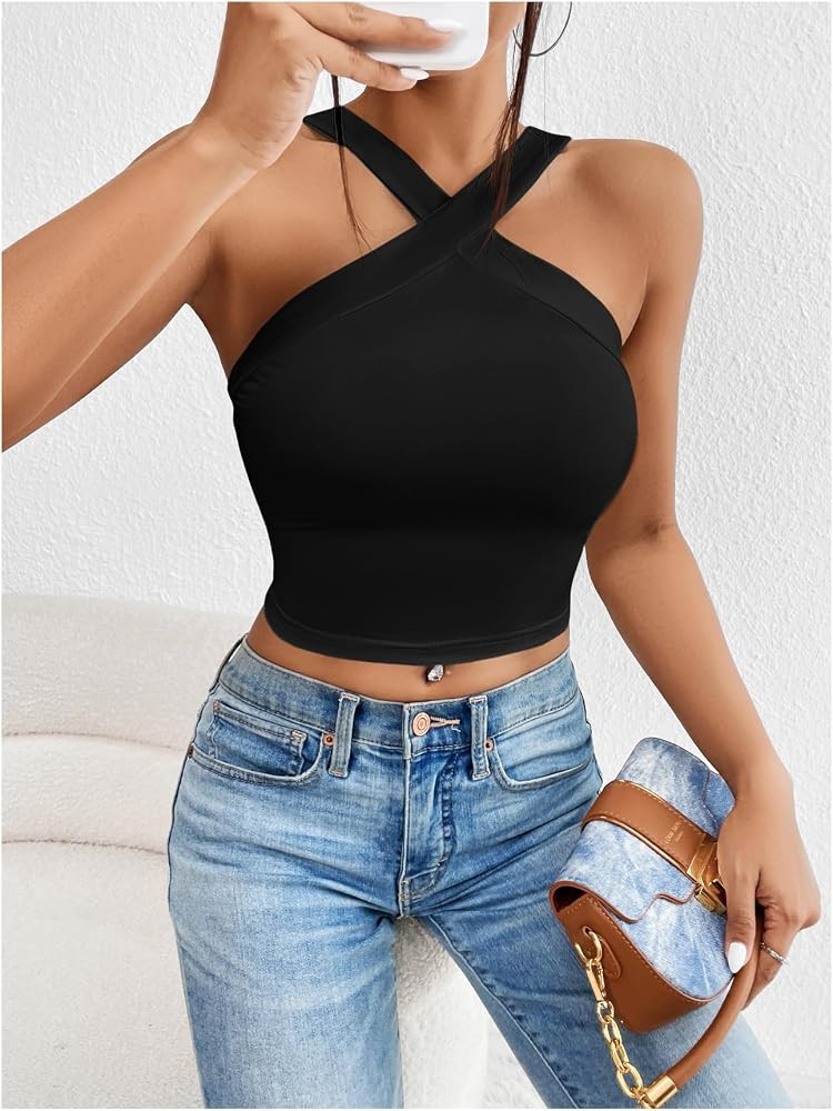 Floerns Women's Criss Cross Halter Top Backless Sleeveless Party Club Crop Tops Black X-Small at Amazon Women\u2019s Clothing | Amazon (US)