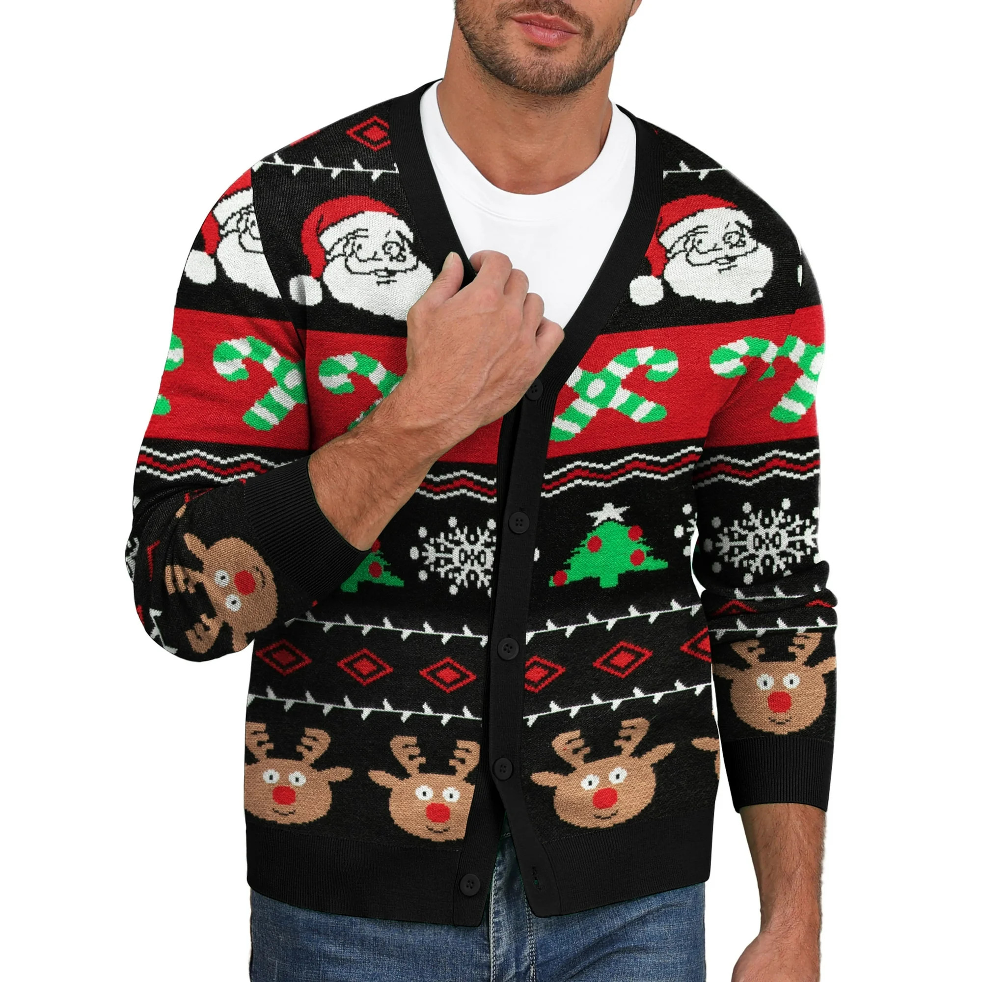 Iceglad Mens Ugly Christmas Cardigan Sweater Santa Reindeer Snowflake Pattern V-Neck Long Sleeve ... | Walmart (US)